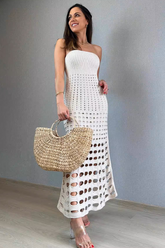 Knit Strapless Slim Fit Hollow Out Vacation Maxi Dresses-White